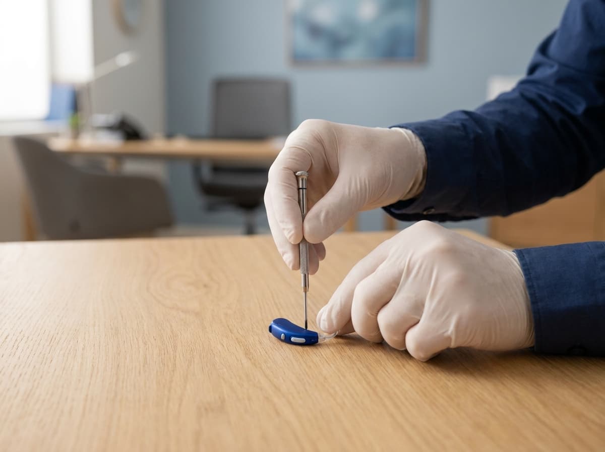 Wartung und Reinigung eines Hörgeräts durch geschulte Hände im HörStudio Steinbauer